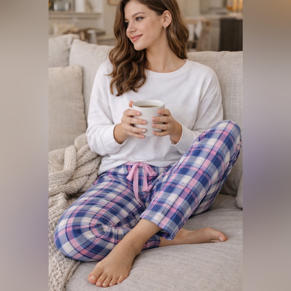 228 LL Bean Plaid Joggers Women’s Large Blue Pink Pajama Lounge Pant Cozy Cotton